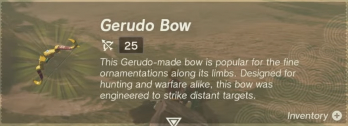 Screenshot of the info for the Gerudo Bow from Zelda ToTK. 