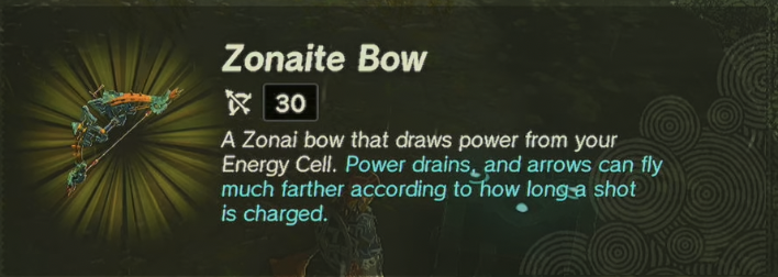 Screenshot of the info for the Zonaite Bow from Zelda ToTK. 
