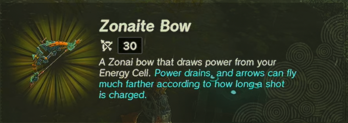 Screenshot of the info for the Zonaite Bow from Zelda ToTK. 