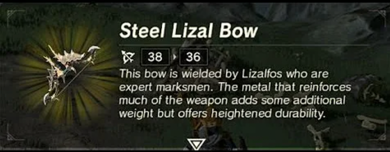 Screenshot of the info for the Steel Lizal Bow from Zelda ToTK. 
