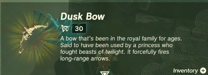 Screenshot of the info for the Dusk Bow from Zelda ToTK. 
