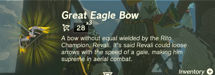 Screenshot of the info for the Great Eagle Bow from Zelda ToTK. 