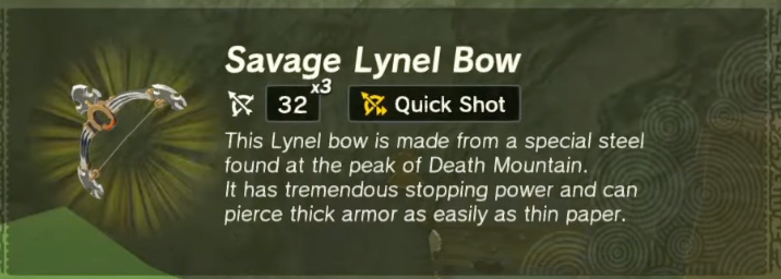 Screenshot of the info for the Savage Lynel Bow from Zelda ToTK. 