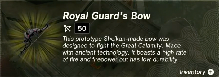 Screenshot of the info for the Royal Guard's Bow from Zelda ToTK. 
