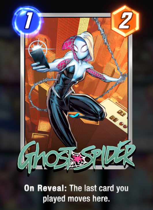 Ghost-Spider, AKA Gwen Stacey, in Marvel Snap. A character in a white Spider outfit swings in on a web, holding a cellphone and taking a photo. 