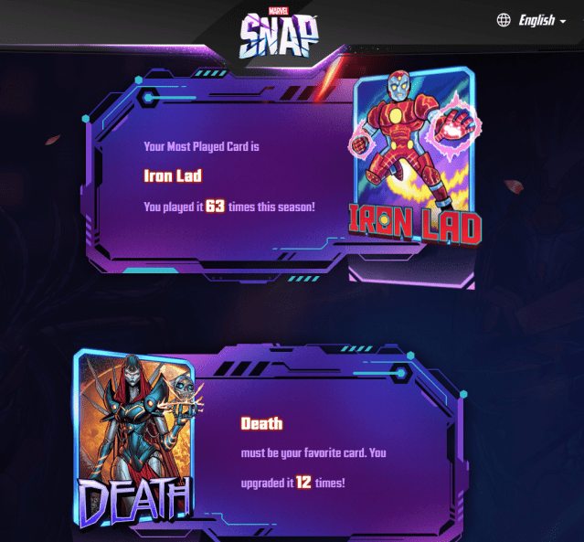 Marvel Snap season recap website screen, showing Iron Lad and Death