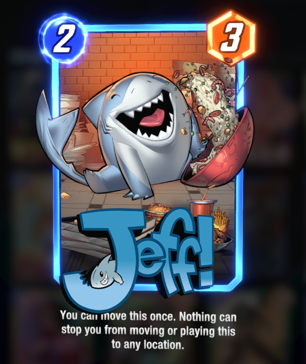 Jeff the Baby Land Shark card, while lying on the floor and eating his food