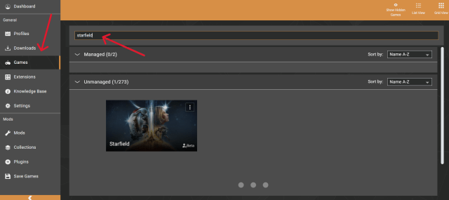 Displays a menu within Vortex Mod Manager, with arrows pointing to the Games tab and "Starfield" typed into the search bar.