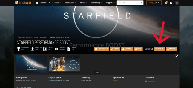 Displays a mod titled "Starfield Performance Boost" on Nexus Mods.