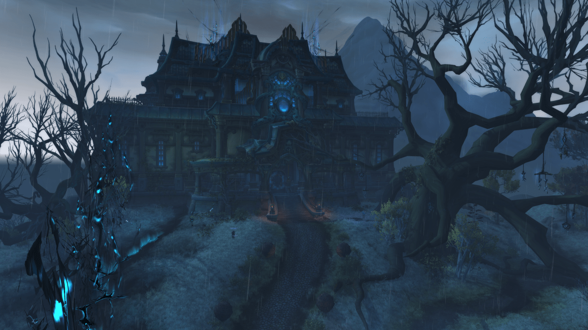 Waycrest Manor located in Drustvar, flanked by trees and a light blue sky in World of Warcraft screenshot