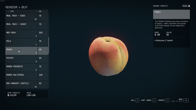 Peaches as seen in the Starfield vendor menu.