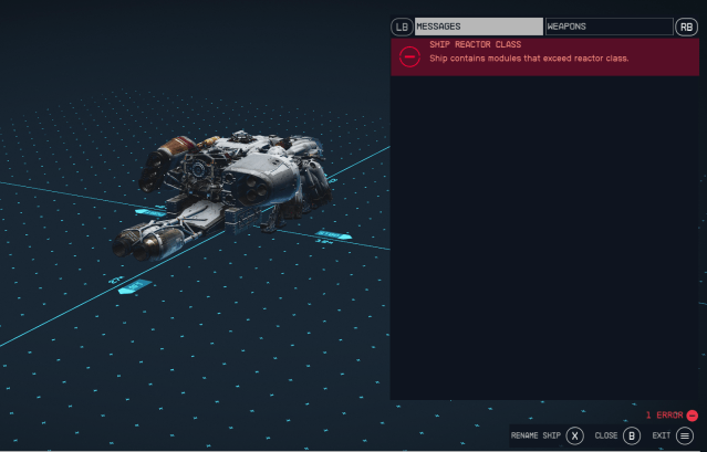 Displays the error message for exceeding a reactor's class in Starfield's Ship builder menu.