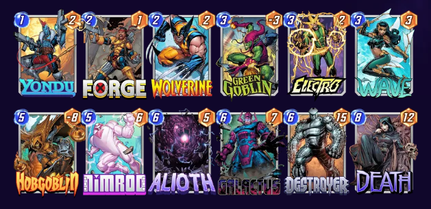 Marvel Snap deck consisting of Yondu, Forge, Wolverine, Green Goblin, Electro, Wave, Hobgoblin, Nimrod, Alioth, Galactus, Destroyer, and Death.