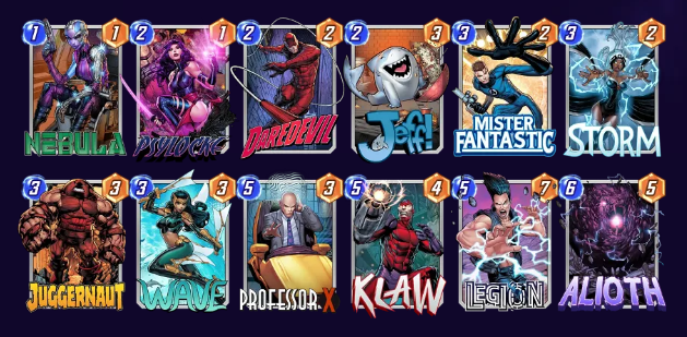 Marvel Snap deck consisting of Nebula, Psylocke, Daredevil, Jeff, Mister Fantastic, Storm, Juggernaut, Wave, Professor X, Klaw, Legion, and Alioth. 