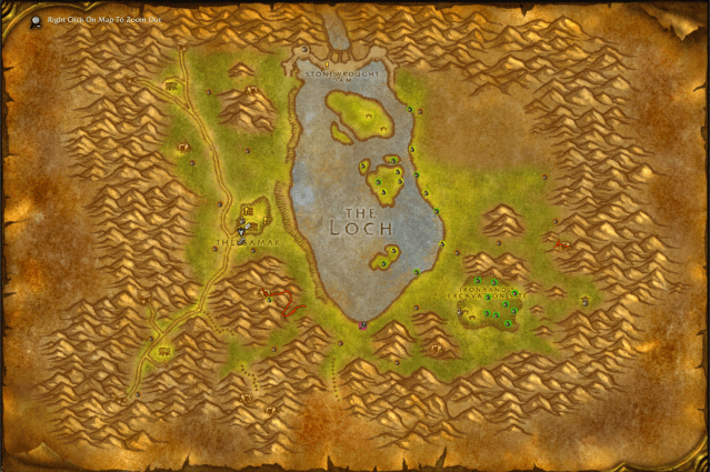 A WoW Classic screenshot of the Loch Modan map with Ol' Sooty's roaming path outlined in red. 