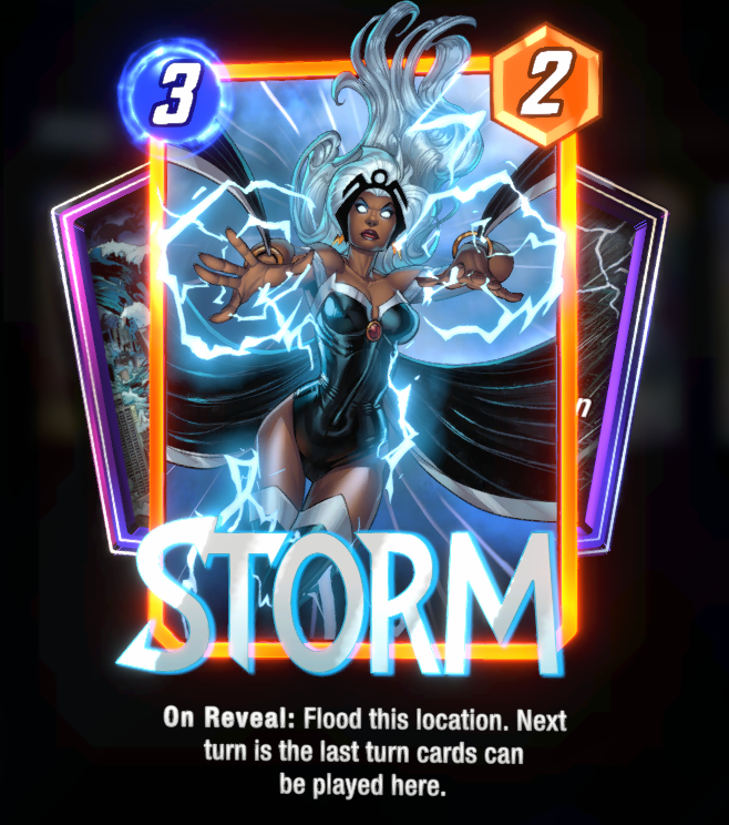 Storm card, showcasing her power to create a storm while wearing her black costume. 