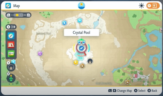 The Crystal Pool area pointed out on the map in Pokemon Scarlet and Violet.