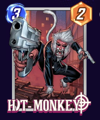 Hit-Monkey card, holding his guns while walking on the roof