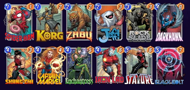 Marvel Snap Deck, състоящ се от Spider-Ham, Korg, Zabu, Jeff Baby Land Shark, Rock Slide, Darkhawk, Shang-Chi, Captain Marvel, Enchantress, Iron Lad, ръст и черен болт