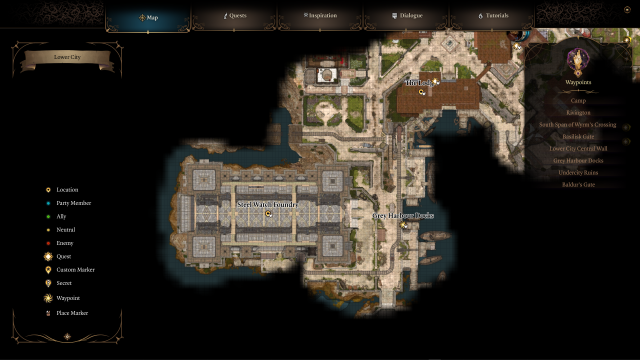 A screenshot of the map in Baldur's Gate 3 showing the Steel Watch Foundry, Grey Harbour Docks, and the Lodge.