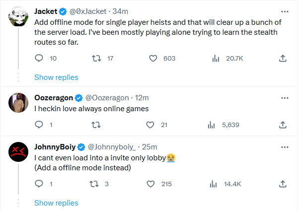 Displays reply tweets on a thread stating that Payday 3 servers are encountering trouble.