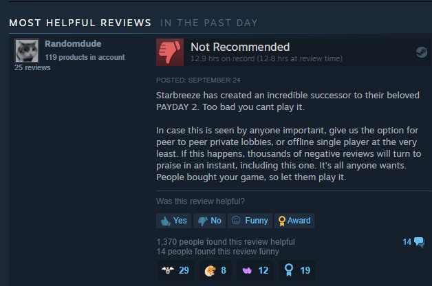 displays a Not Recommended review from Payday 3's Steam Page.