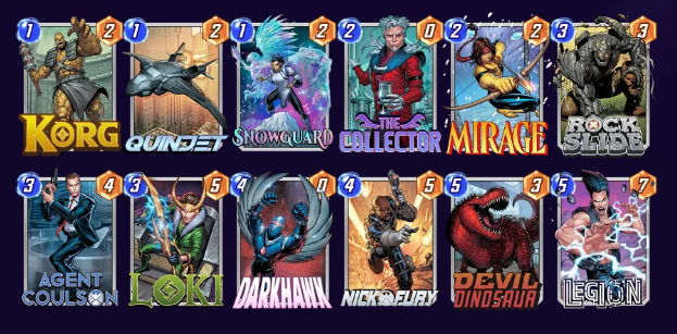 Marvel Snap deck consisting of Korg, Quinjet, Snowguard, The Collector, Mirage, Rock Slide, Agent Coulson, Loki, Darkhawk, Nick Fury, Devil Dinosaur, and Legion. 