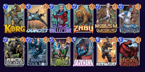 Marvel Snap deck consisting of Korg, Quinjet, The Collector, Zabu, Mobius M. Mobius, Mystique, Rock Slide, Agent Coulson, Loki, Darkhawk Nick Fury, and Devil Dinosaur. 