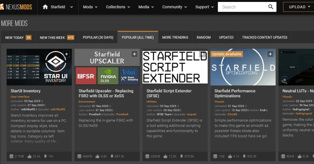 Displays the Popular(All Time) results on Starfield's Nexusmods page.