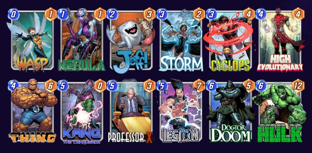 Marvel Snap deck consisting of Wasp, Nebula, Jeff the Baby Land Shark, Storm, Cyclops, High Evolutionary, The Thing, Kang the Conqueror, Professor X, Legion, Doctor Doom, and Hulk. 