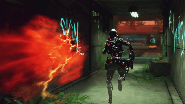 Octane runs away from a glowing red skull through a concrete hallway with glowing graffiti on the walls.