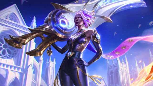 Woman wielding a large gun set in a colorful world in League of Legends