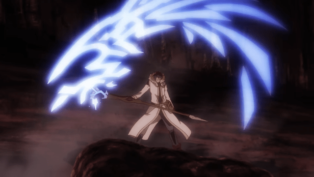 Shiroe posing and using his staff's effects.