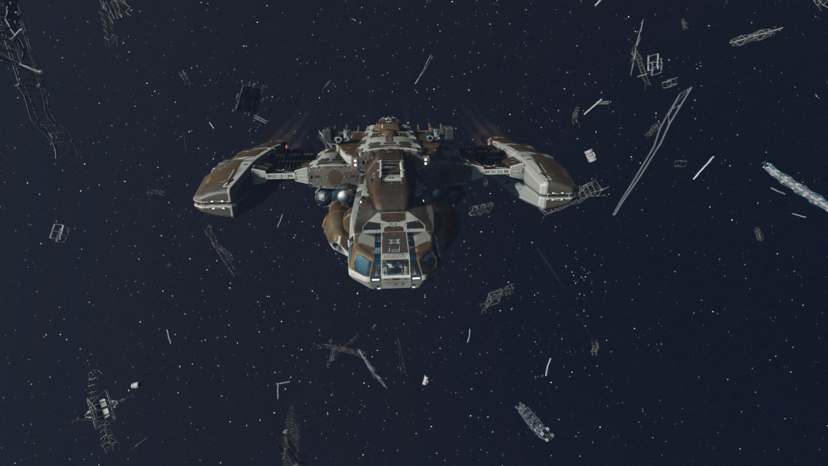 Image of a large space ship surrounded by metal shrapnel.