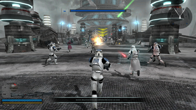 Star Wars Battlefront II stormtroopers fighting on a empire planet.