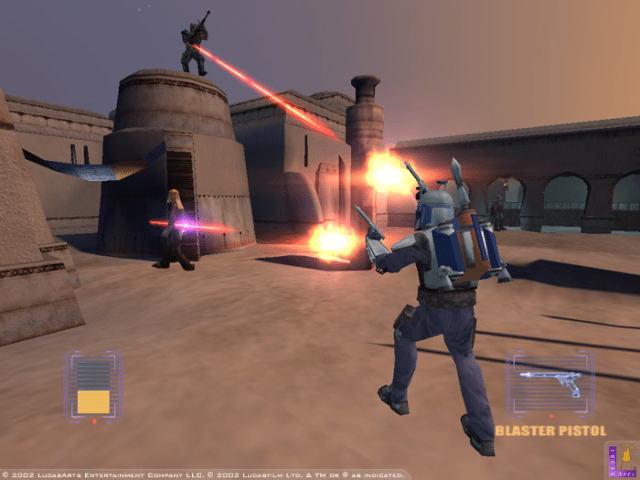 Bobba Fett shooting enemies on Tatooine
