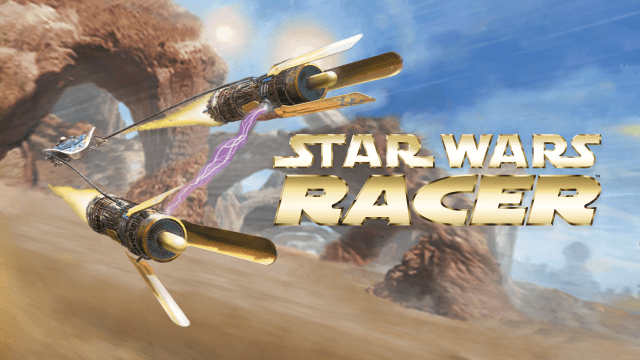 The Pod Racer speeding through Tatooine with the logo next to Anakin's racer.