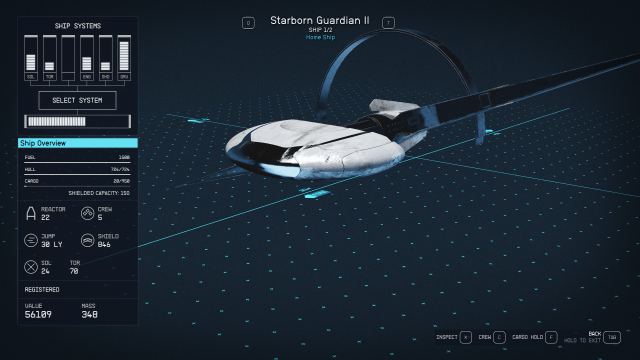 Image of a sleek white and black ship on a blueprint background, displaying the ship's specs.