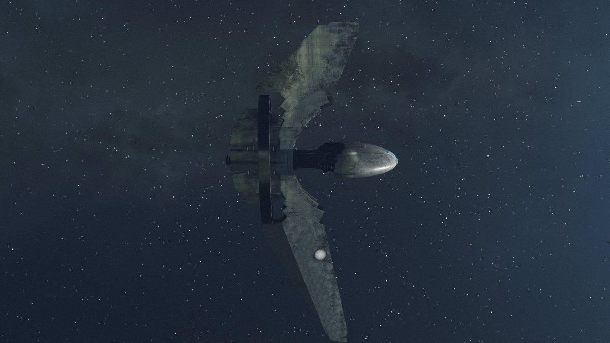 Image of a large sleek Starborn Guardian ship in the depths of space.