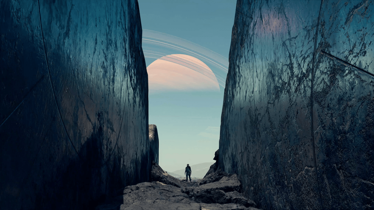 Pilot standing on a distant planet in between a flat-rock formation either side with another planet in the background