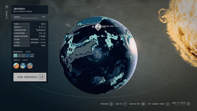 Starfield map showing the survey of the planet Jemison