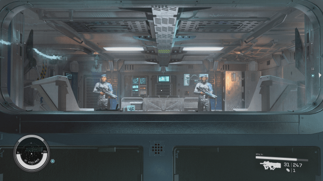 Looking out of a window in a Starfield interrogation room, two armed guards stand on either side