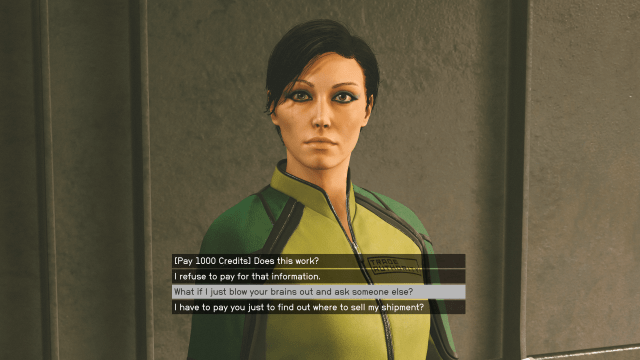 Starfield Saoirse Bowden dialogue options that include handing over 1000 credits