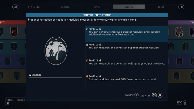 The skill tree for Outpost Engineering in Starfield.