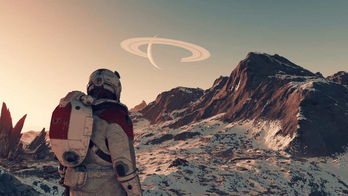 Starfield Pilot looking at a planet in the distance with a snowy mountain in the foreground.