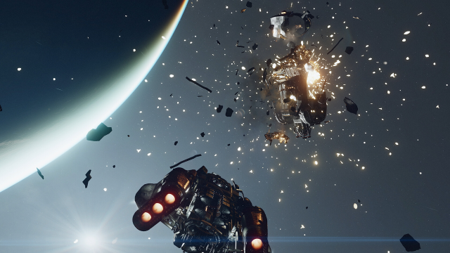 A ship in Starfield being destroyed by another ship with debris floating around a planet in space