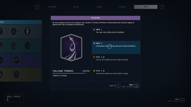 Piloting skill menu in Starfield.