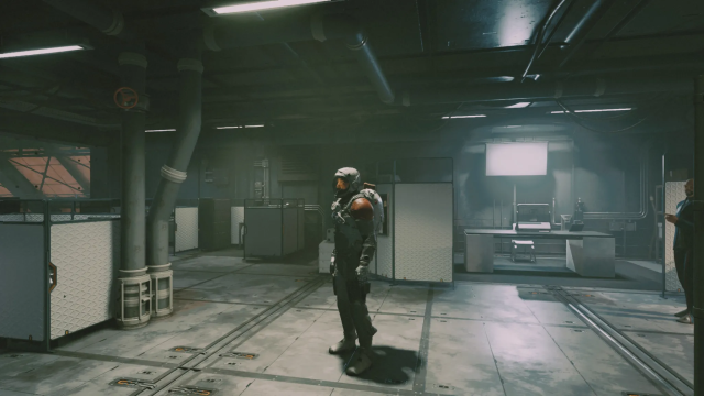 A character with the Mark I Armor in Starfield standing in a cold room with lights and chests surrounding them