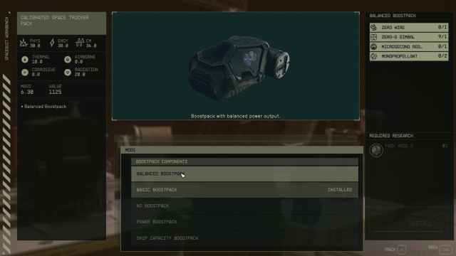 The modification menu for a boosterpack in Starfield.