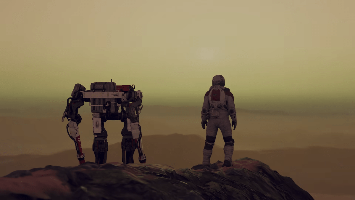 Starfield Vasco and Player standing on a dark planet looking off into the distance